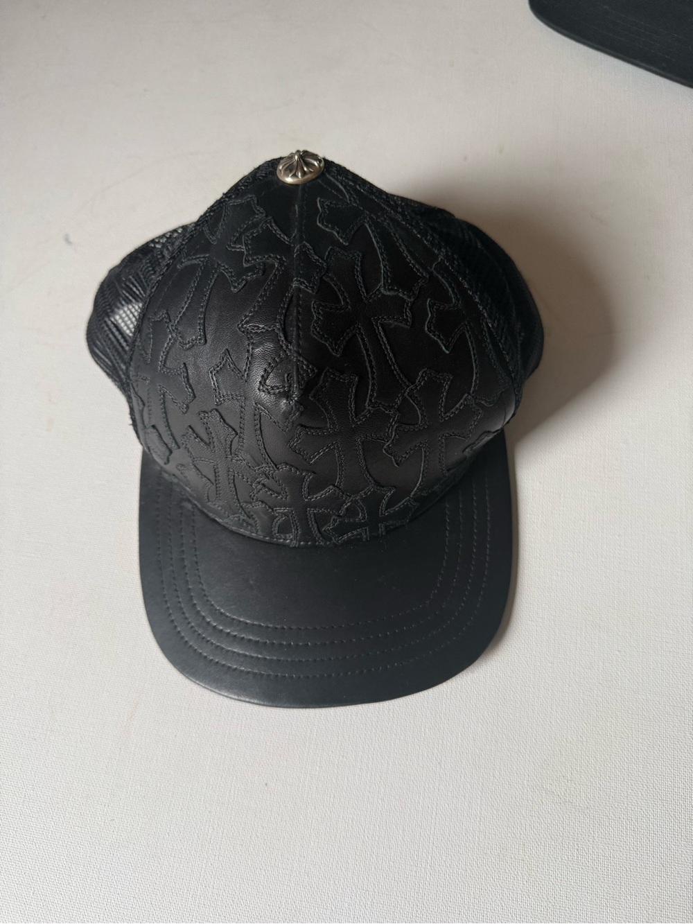 Chrome Hearts Black Embroidered Leather-Look Trucker Hat